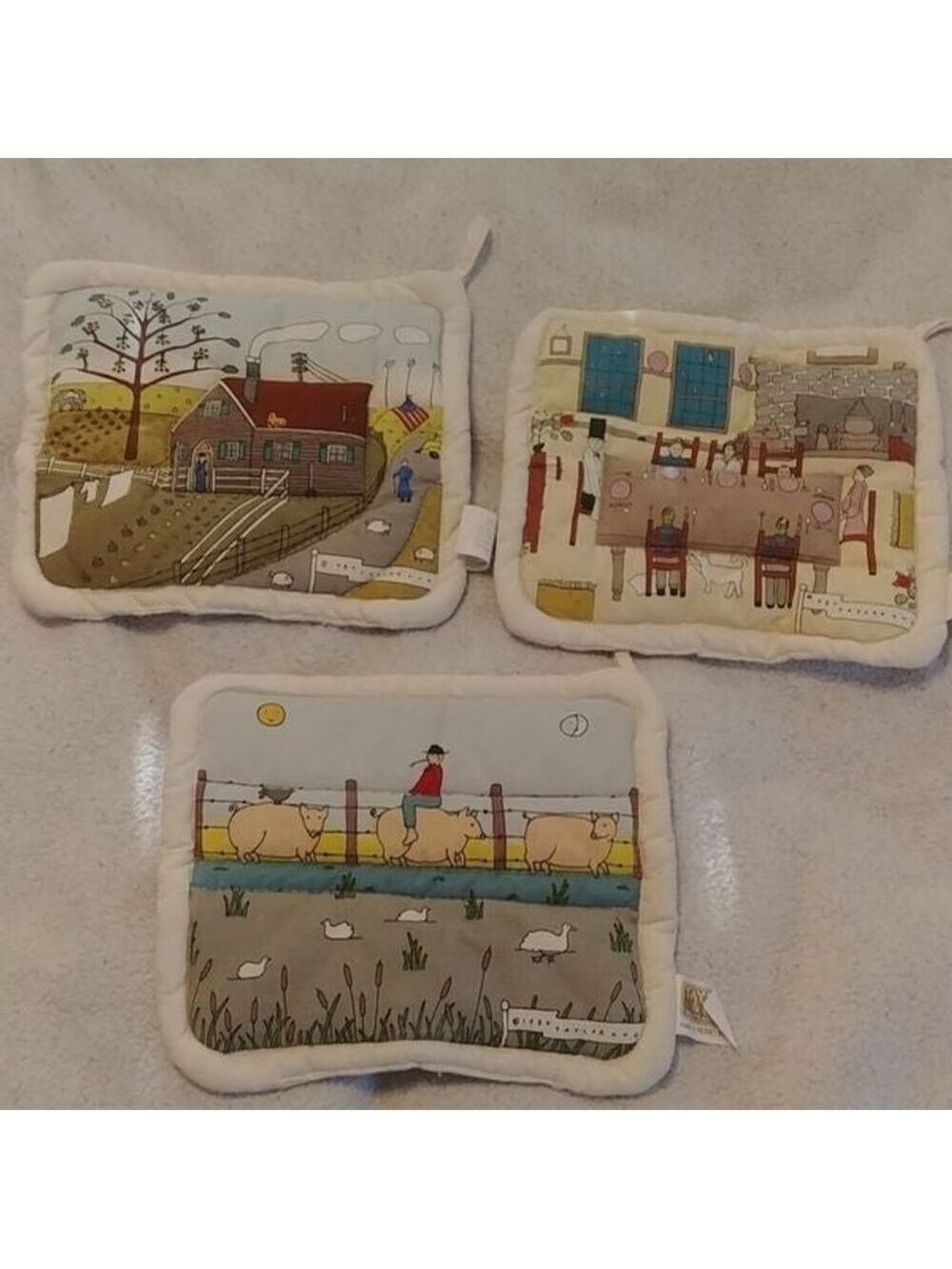 Set of 3 Vintage Taylor & NG Farm Scene Hot Pads 8x9 inches Rare!